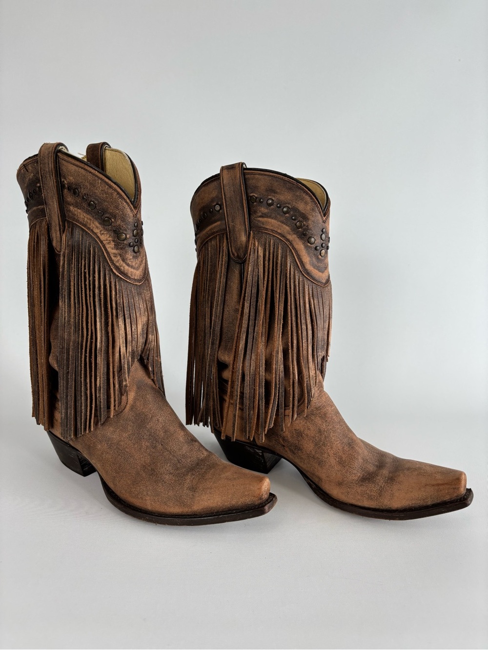 Fringe Brown Distressed Leather Western Boots size 9 1/2